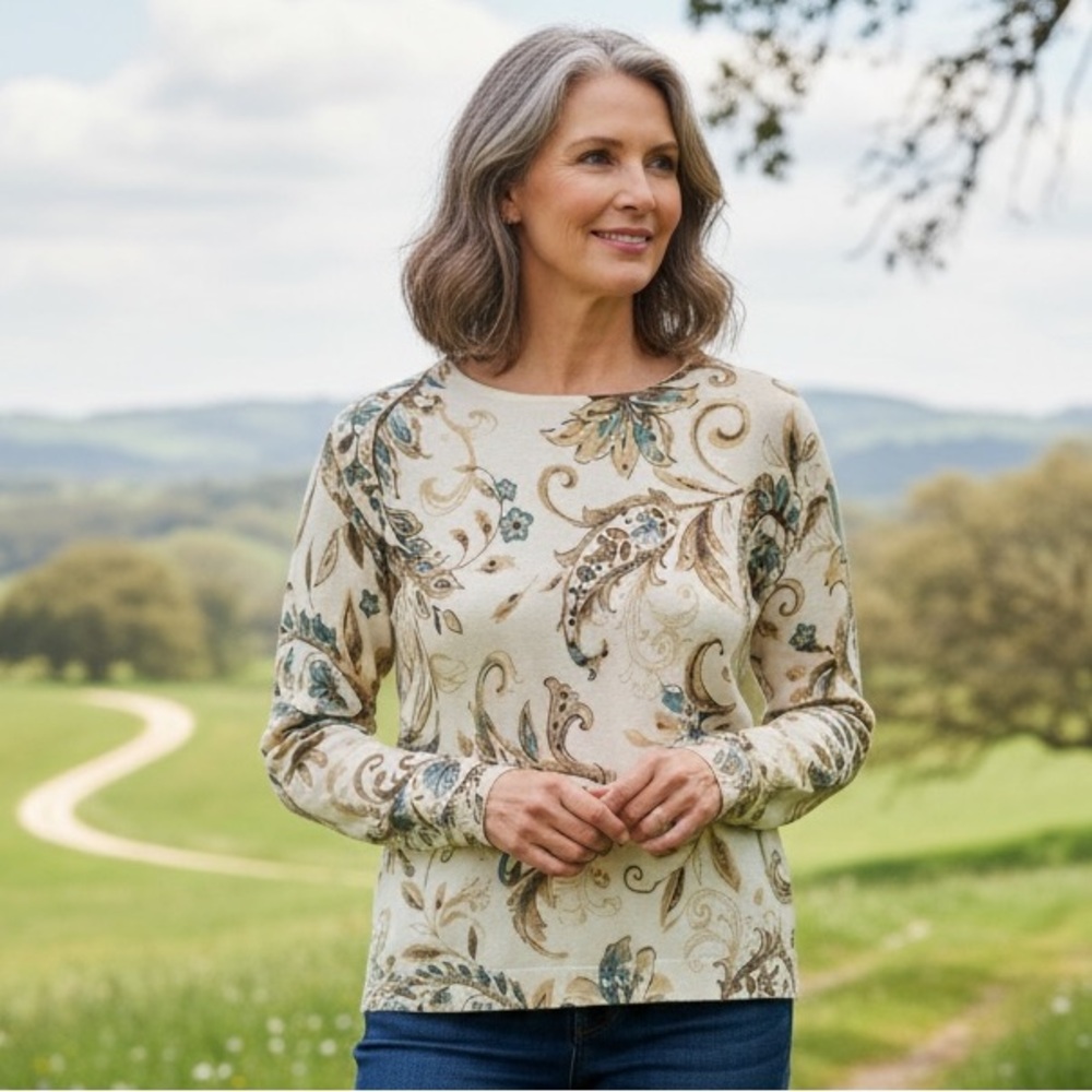Alfred Dunner Cream Paisley Long-Sleeve Top